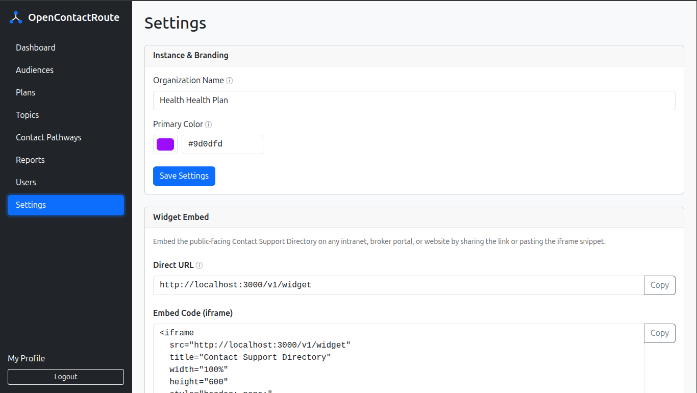 OpenContactRoute system settings