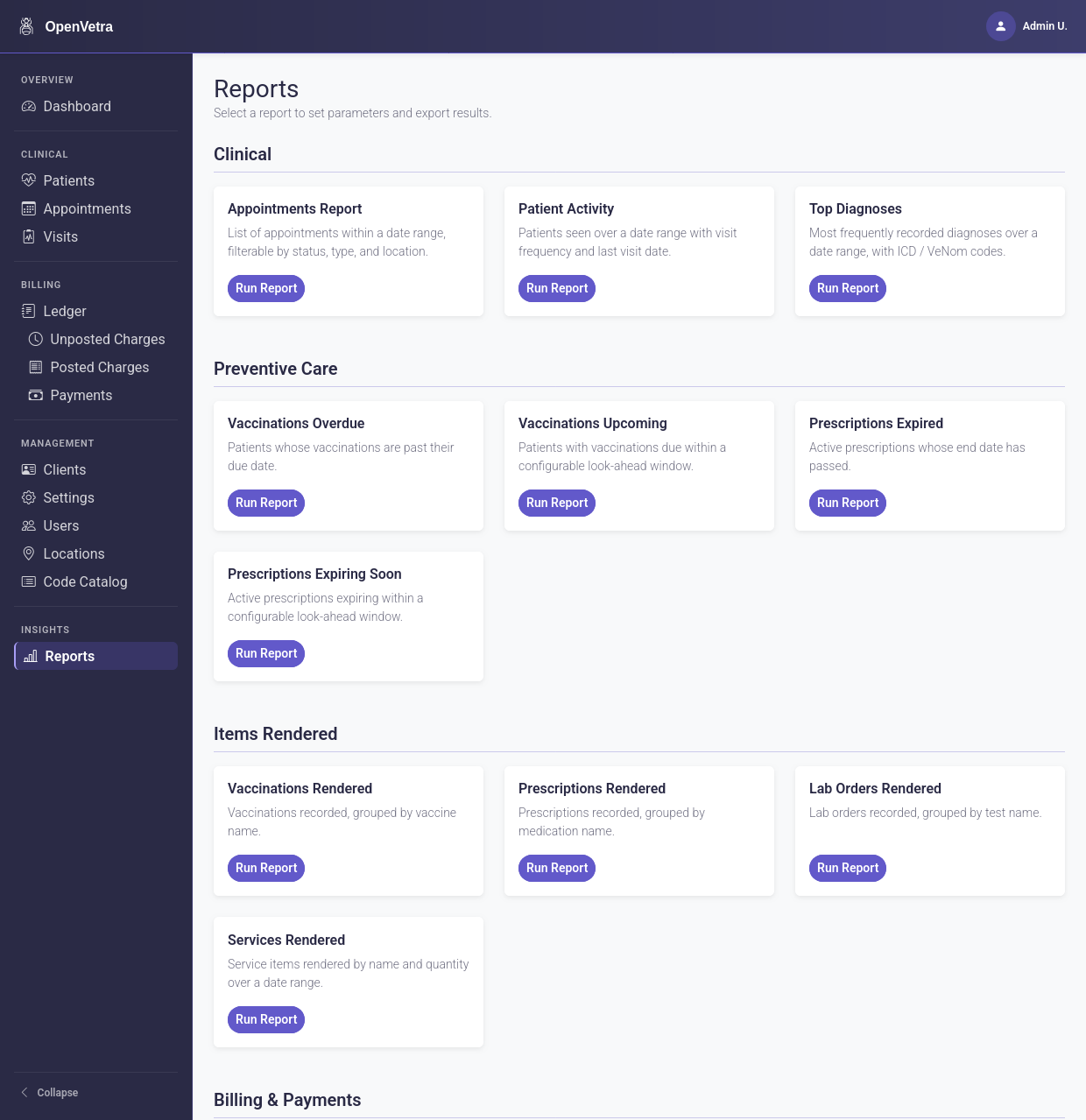 OpenVetra reporting dashboard